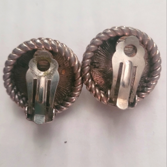 Earrings Clip Vintage Button Marine Blue Glitter Cabachon silver tone setting - Picture 2 of 4